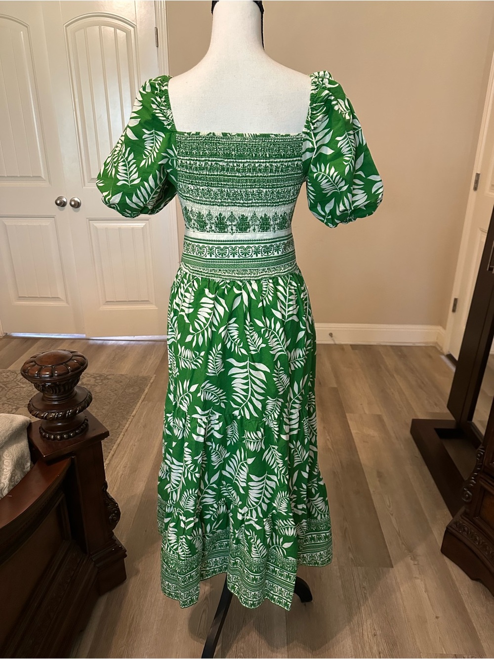 Kaktus Green and White Floral-Print Smocked Maxi Dress with Tie Waist - Picture 3 of 7